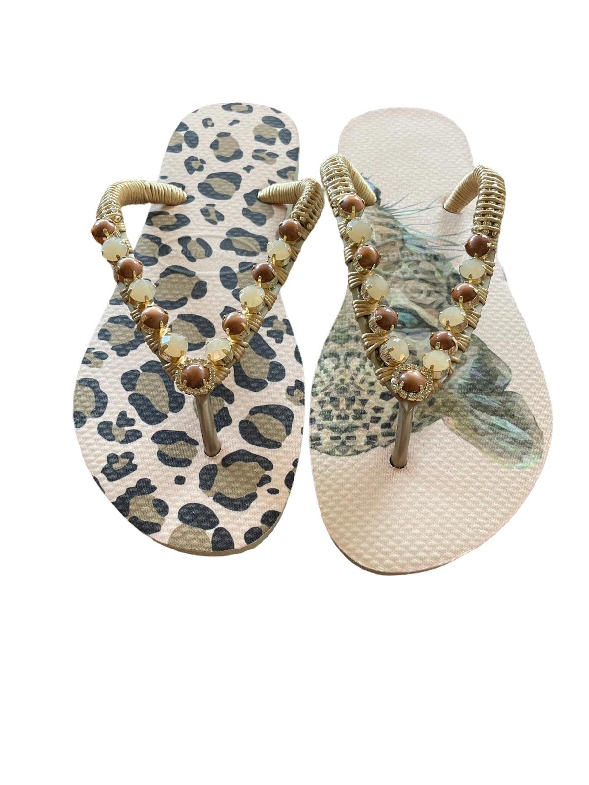 Infradito Havaianas leopardato con pietre marrone e crema