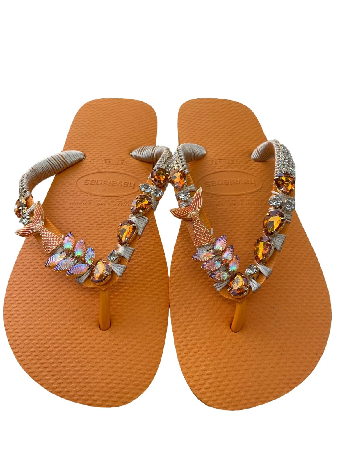 Infradito Havaianas arancione con coda di sirena e pietre arancione e brillanti