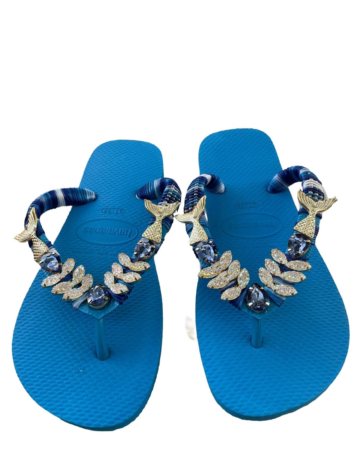 Infradito Havaianas turchese con coda di sirena e pietre blue marino e brillanti